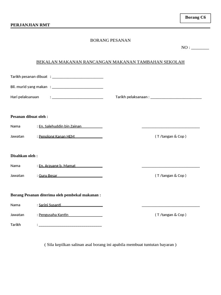 Borang Pesanan RMT | PDF