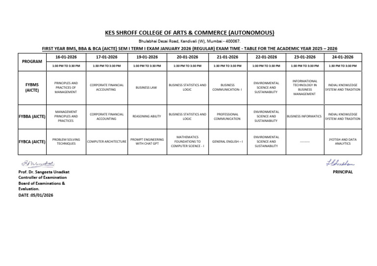 Time Table Fy Bms Bba Bca- Aicte Term End i Jan 2026-Final II | PDF ...