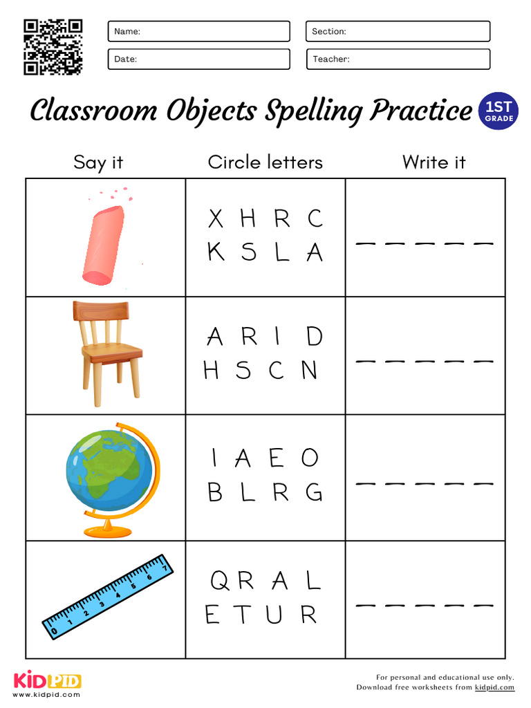 5 Letters Classroom Objects Worksheet For Grade 1 | PDF | Educational ...