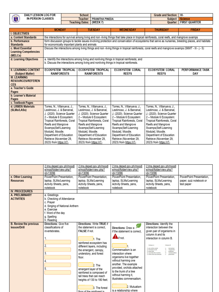 q2 Science DLL Week 7 | PDF | Canopy (Biology) | Coral Reef