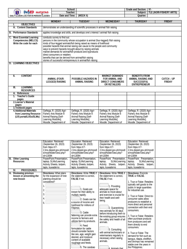 q2 Epp-Agri Dll Week 6 | PDF | Agriculture | Livestock