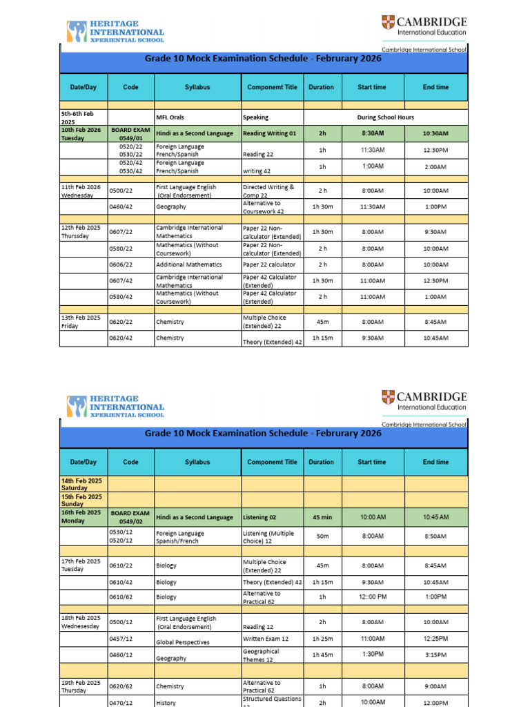 IGCSE Schedule Mock Examination February 2026.Xlsx - Grade 10 | PDF ...
