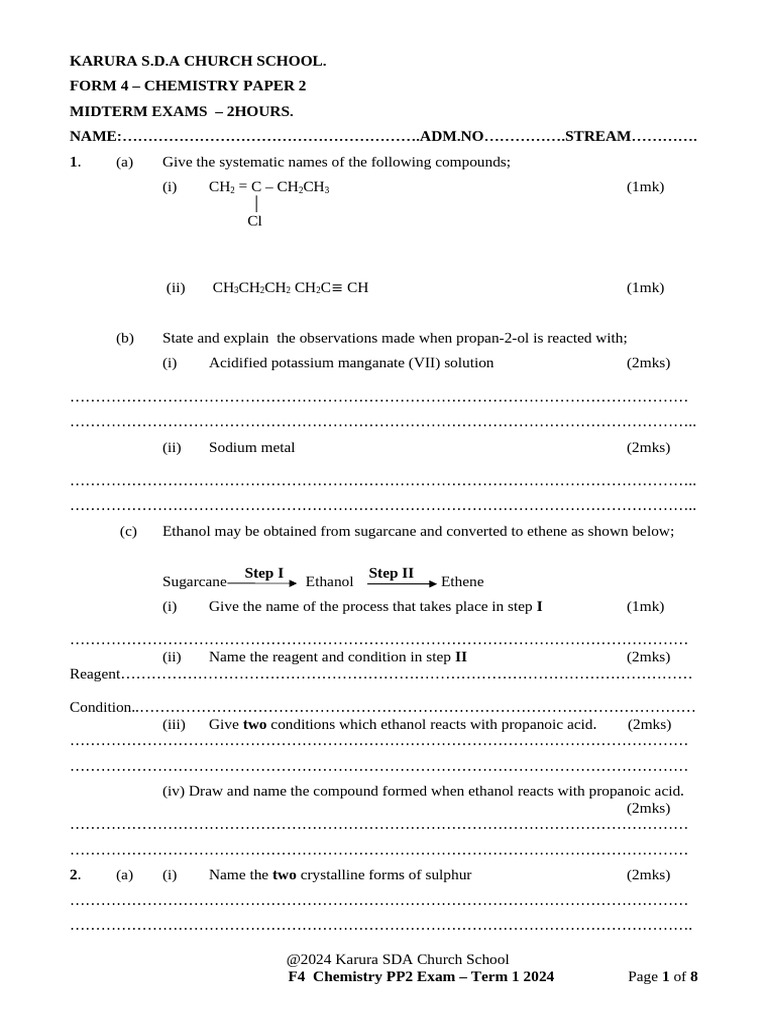 Form 4 Chem Pp2 Midterm 1 2024 | PDF | Atoms | Chemical Substances