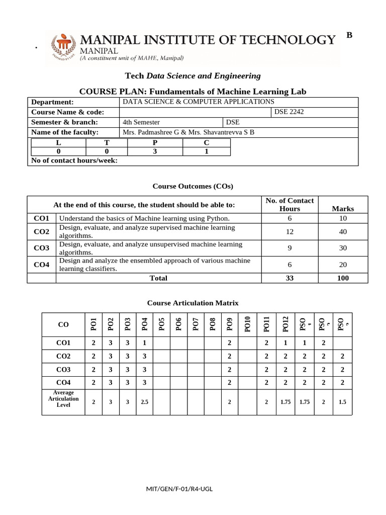 Fundamentals of Machine Learning Lab COURSE Plan - DSE 2242 | PDF ...