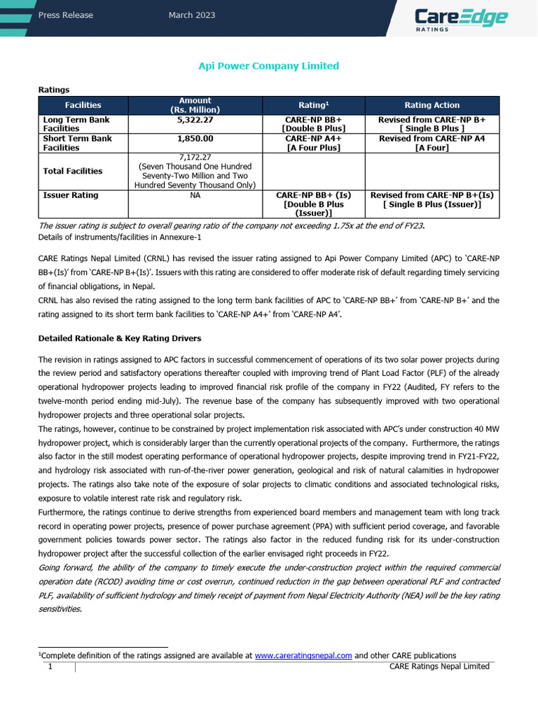 Api Power Credit Rating 2023.03 | PDF | Hydroelectricity | Credit