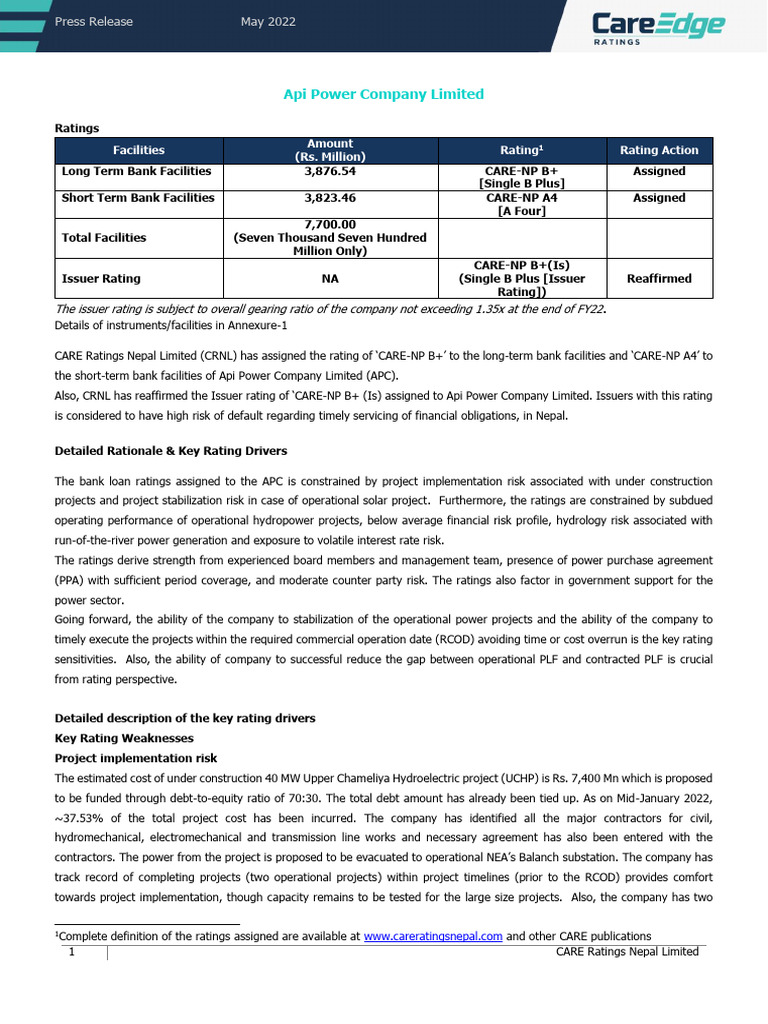 Api Power Credit Rating 2022.05 | PDF | Hydroelectricity | Power (Physics)