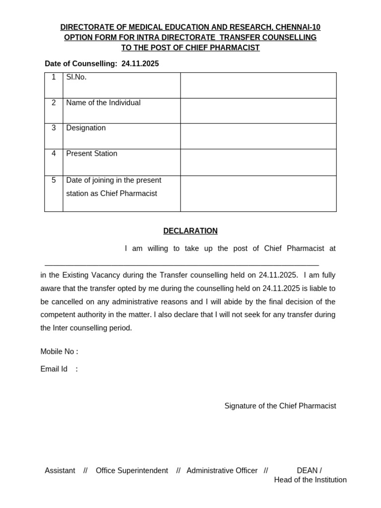 Option Form Chief Pharmacist | PDF