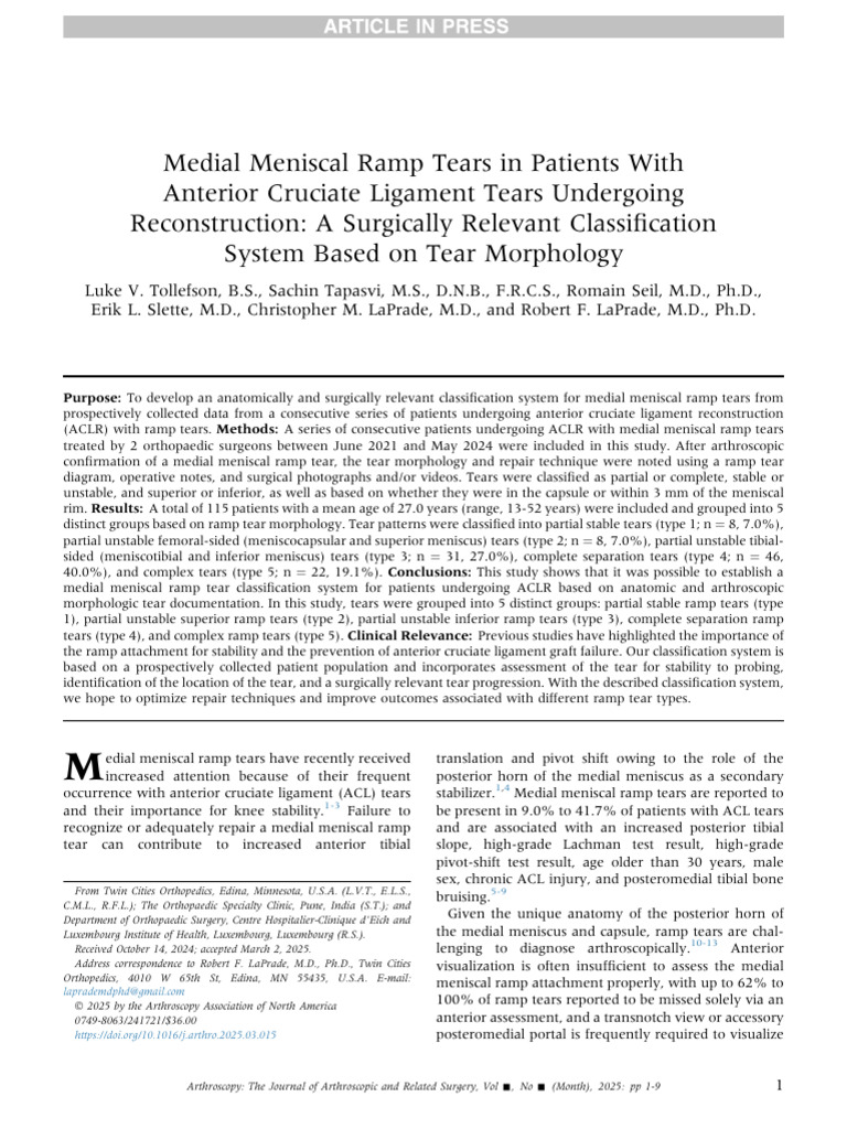 Ramp Classification Arthroscopy 2025 | PDF | Knee | Joints