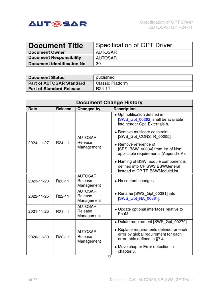 AUTOSAR CP SWS GPTDriver | PDF | Timer | Specification (Technical Standard)