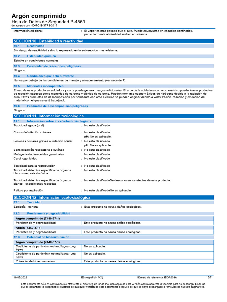 Argón Comprimido: Hoja de Datos de Seguridad P-4563 | PDF | Toxicidad ...
