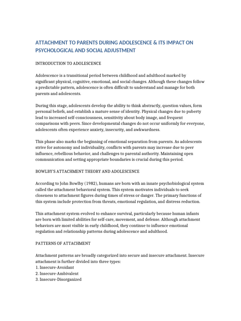 Attachment Adolescence Notes | PDF | Attachment Theory | Adolescence