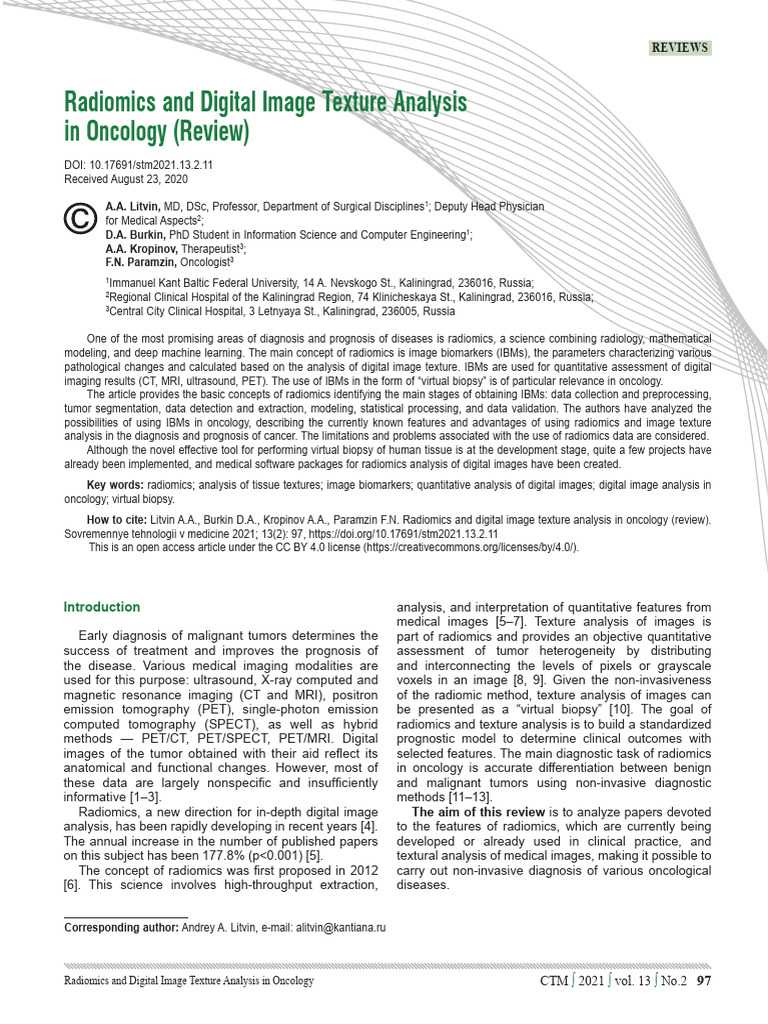 Radiomics and Digital Image Texture Analysis in Oncology (Review) | PDF ...