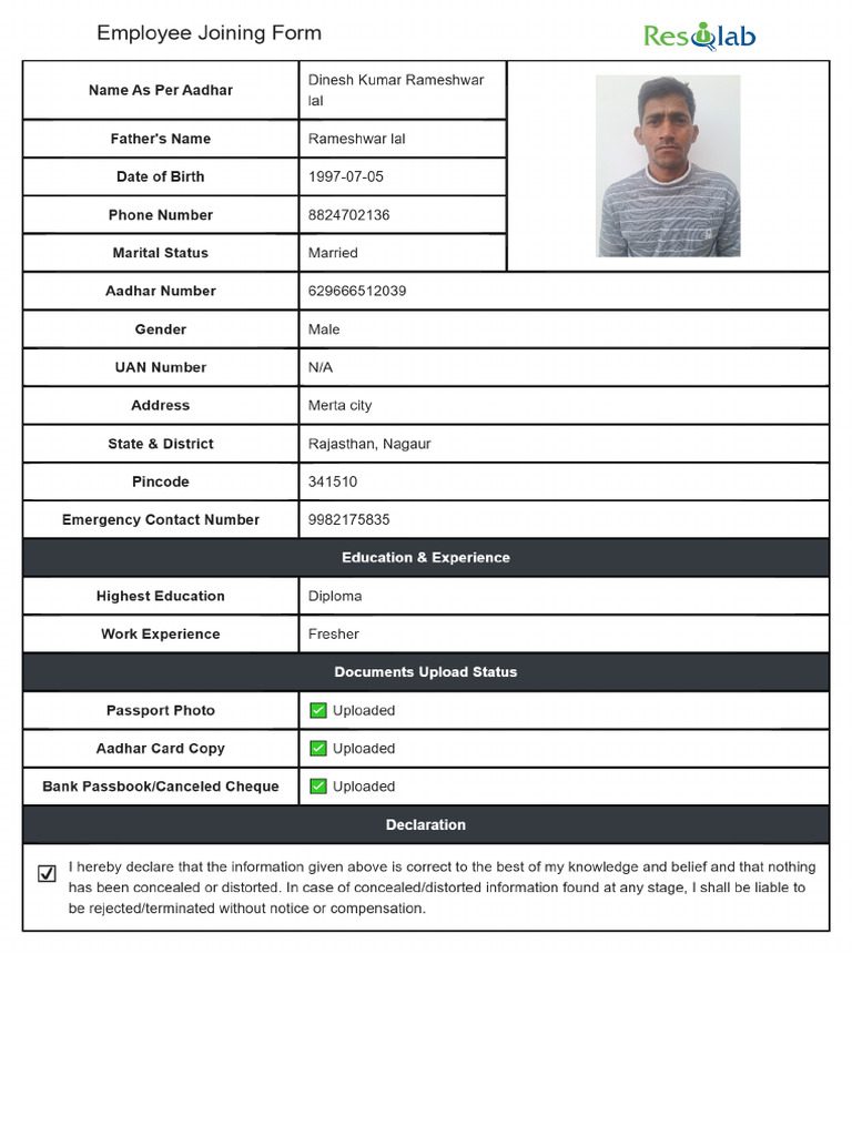 Dinesh Kumar Rameshwar Lal Joining Form | PDF