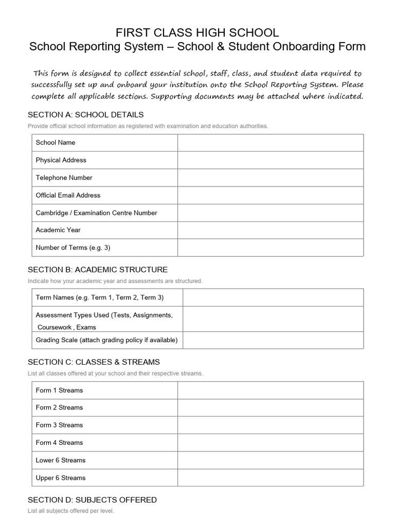 First Class High School Onboarding Form Professional......... | PDF ...