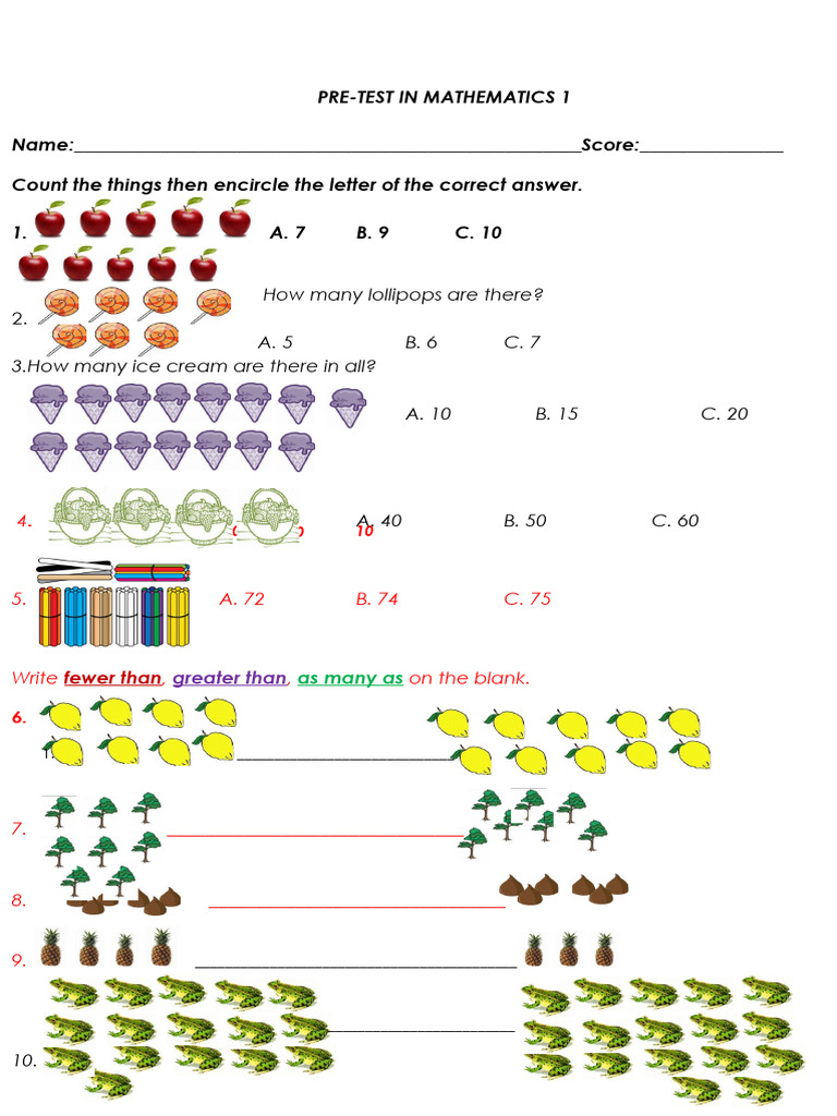 Pre-Test - Mathematics 1 | PDF