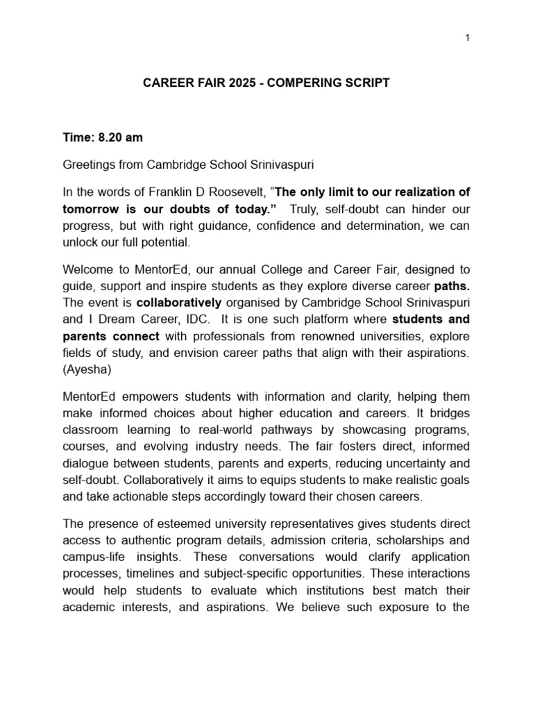 Career Fair 2025 - Compering Script | PDF | Learning