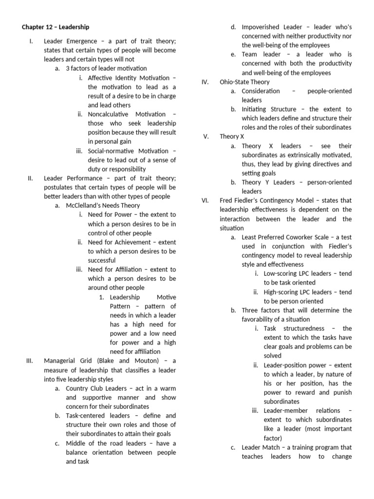 Chapter 12 Leadership Summary | PDF | Leadership | Power (Social And ...