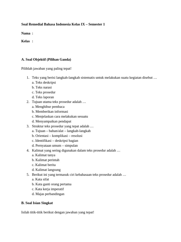 Soal Remedial Bahasa Indonesia Kelas IX Semester 1 | PDF