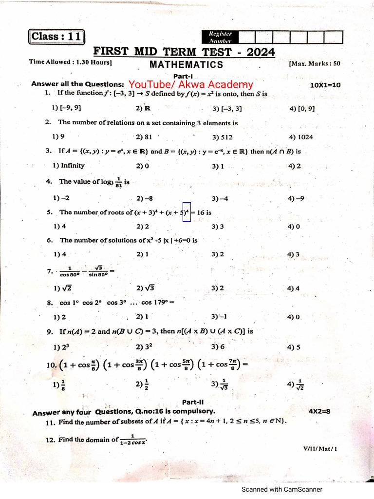 11th Maths 1st Mid Term Test 2024 Original Question Paper Tirupattur ...