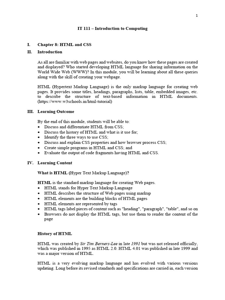 It 111 - Module 08 - HTML and Css | PDF | Html | World Wide Web