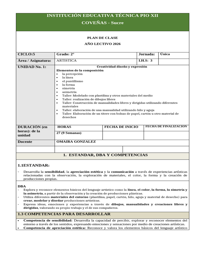 1. PLAN DE CLASE ARTISTICA PERIODO I GRADO 2 | PDF | Aprendizaje | Maestros