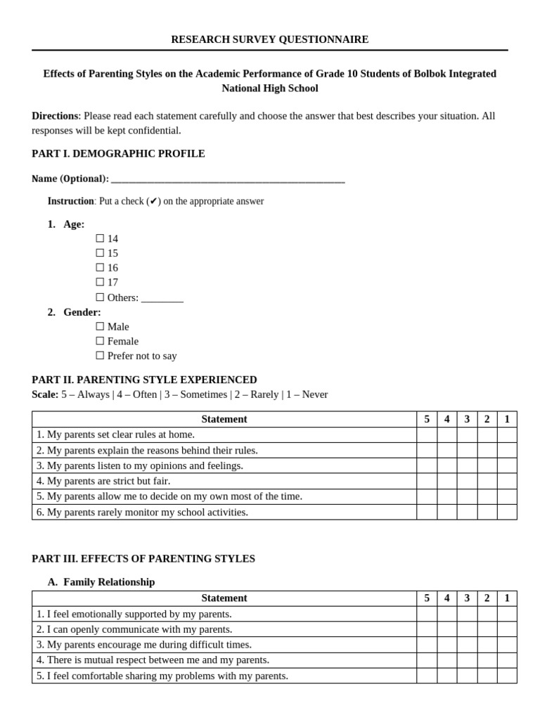 Research Survey Questionnaire | PDF | Parenting | Questionnaire