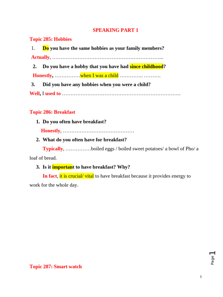 Hub - Level 7 - Speaking Part 1 | PDF