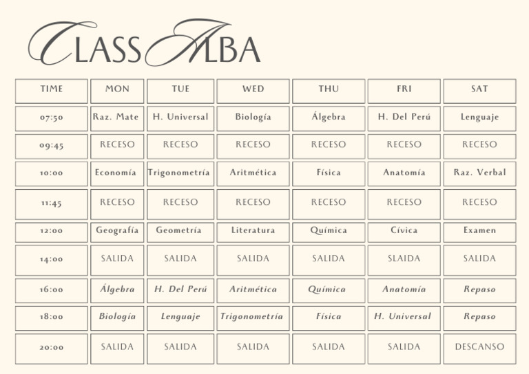 White Grey Minimalist Simple Weekly Class Schedule | PDF