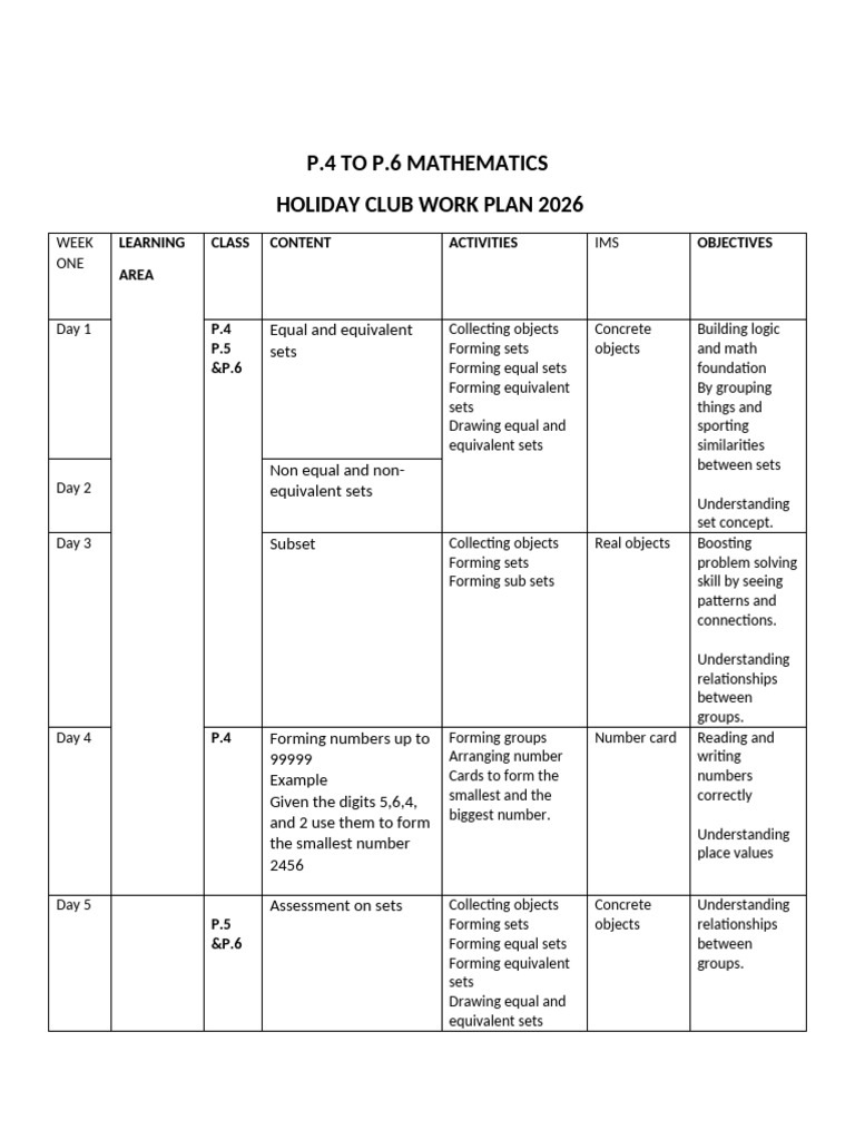 p.4 -p.6 Holiday Club Work Plan 2026 | PDF | Numbers | Concept