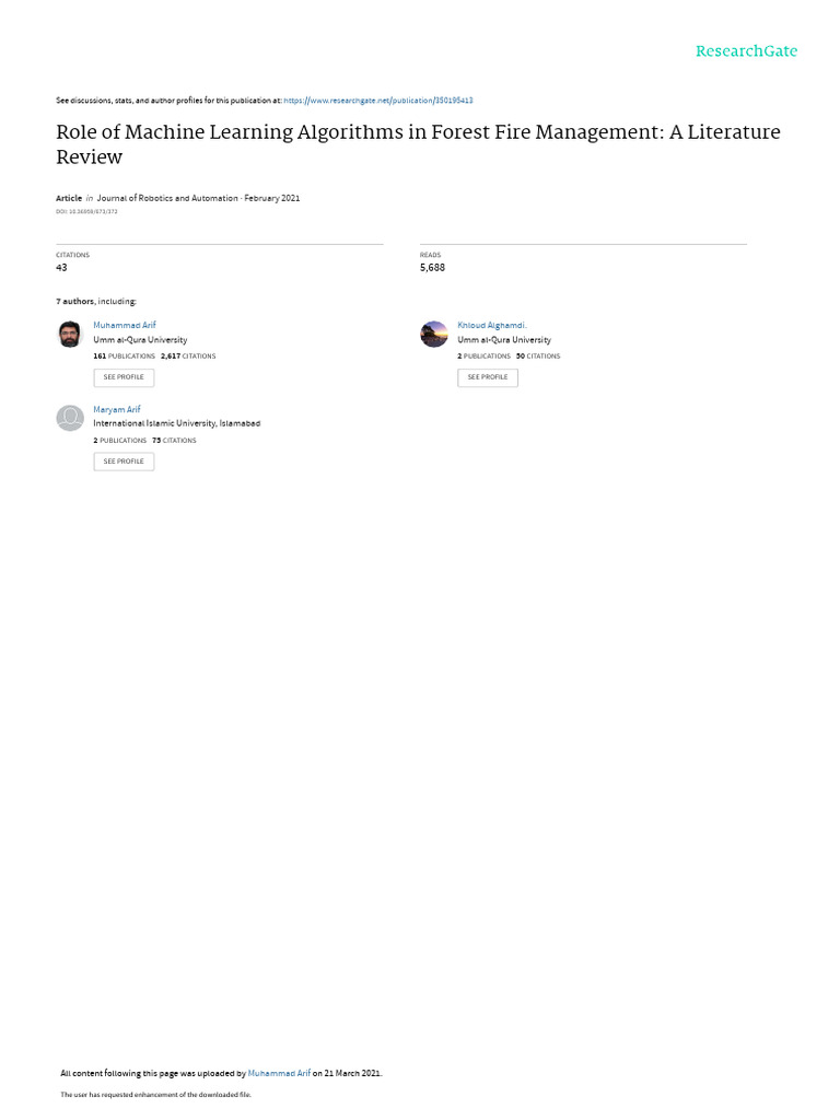 Roleof Machine Learning Algorithmsin Forest Fire Management ALiterature ...
