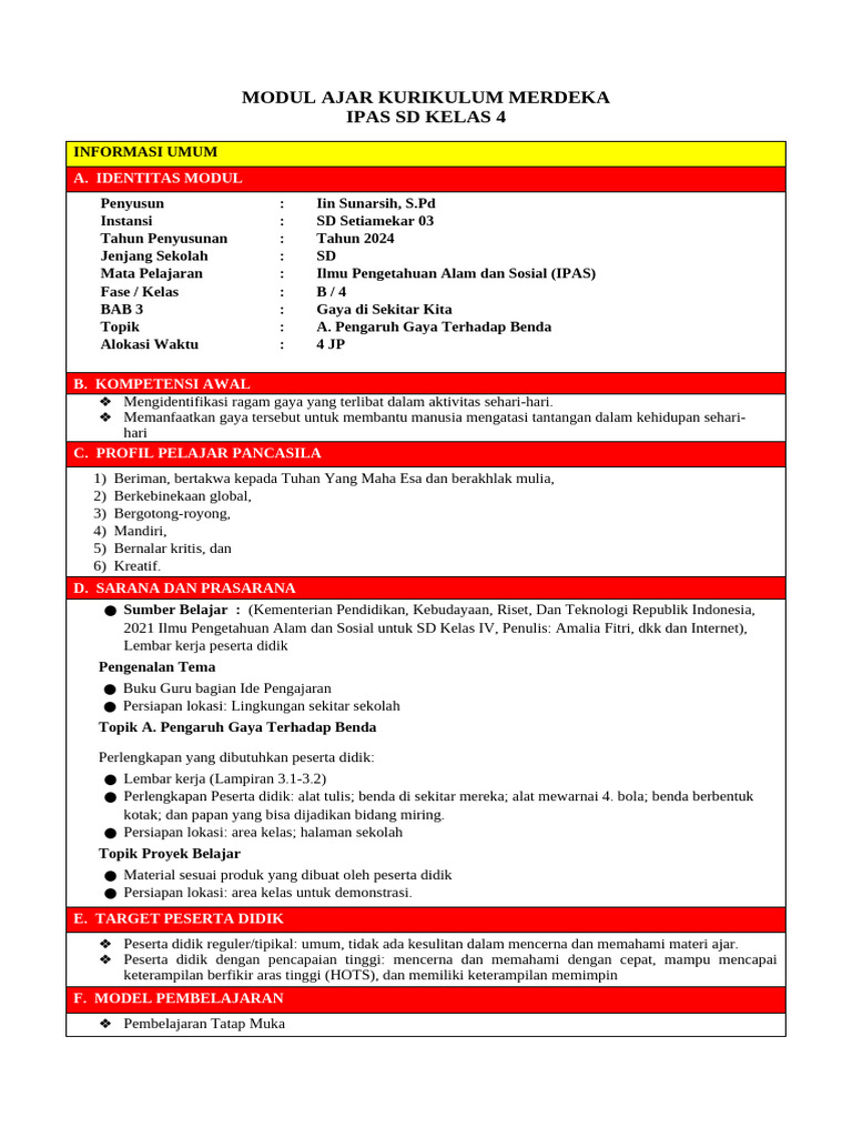 Modul Ajar Kurikulum Merdeka Ipas Kls 4 2024 | PDF