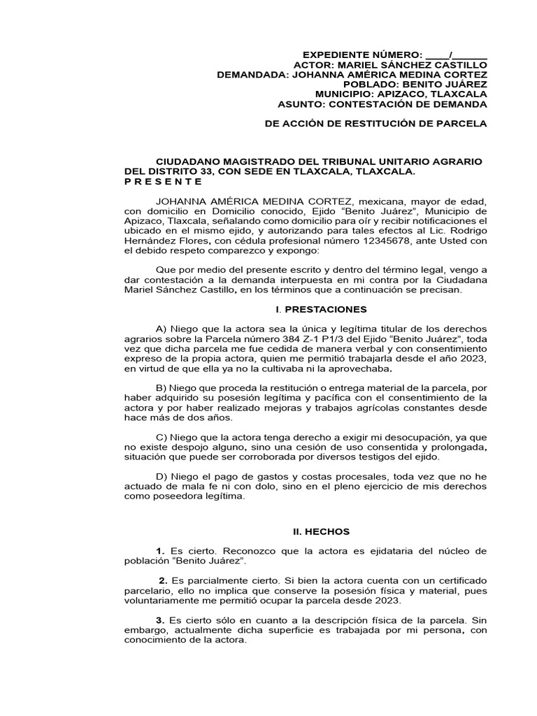 Contestacion de Accion de Restitucion | PDF | Demanda judicial | Topografía