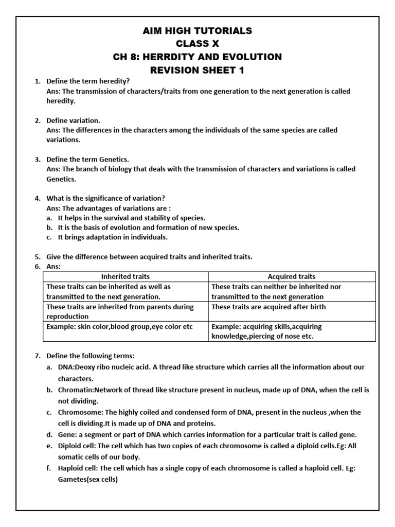 CH 8 REVISION SHEET 1 | PDF | Dominance (Genetics) | Allele