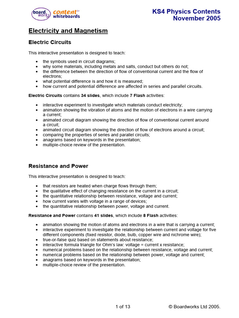 Boardworks KS4 Physics Contents | PDF | Light | Force