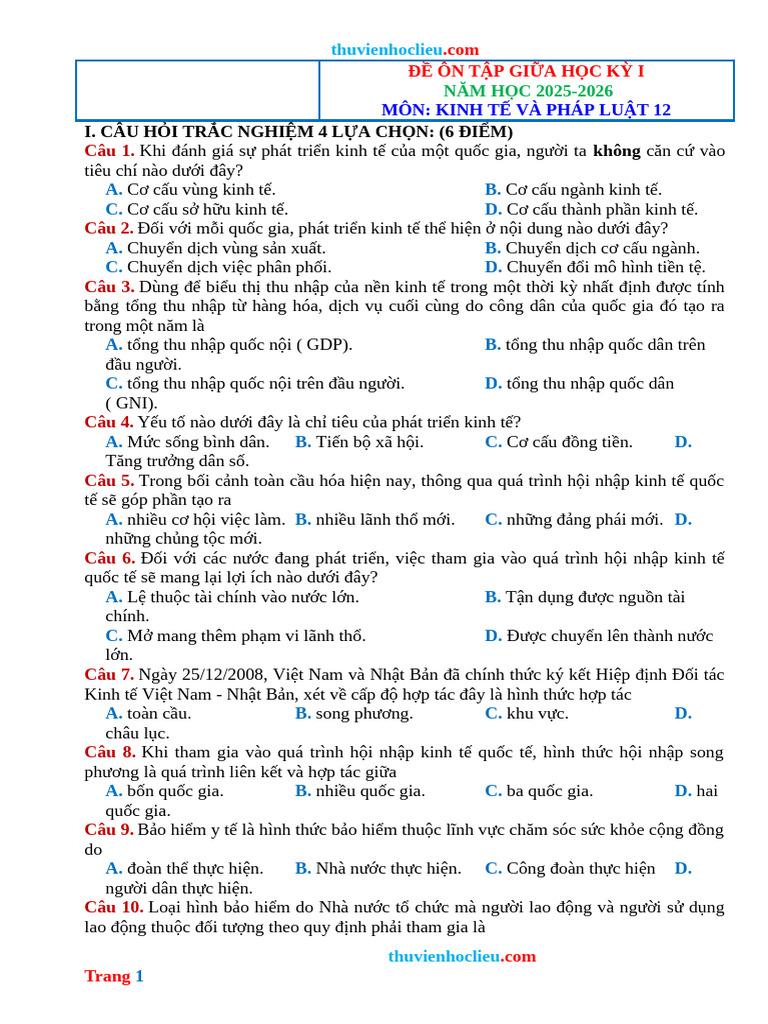 De On Tap Giua HK 1 KTPL 12 Ket Noi 25 26 | PDF