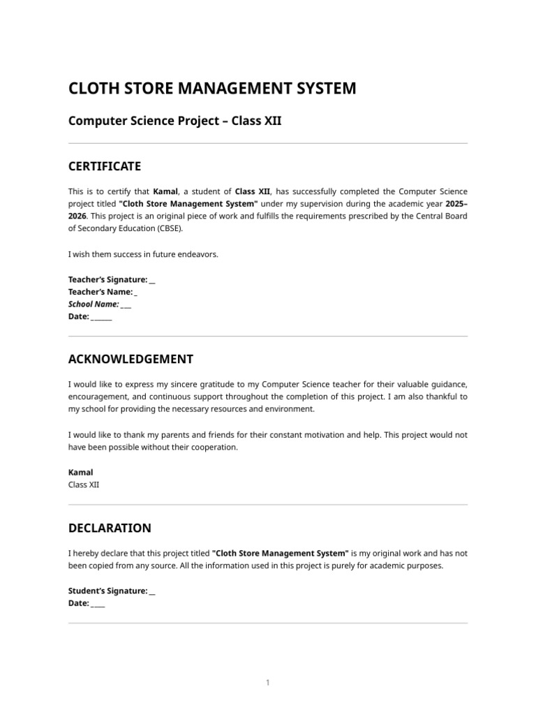 Cloth Store Management System - Class Xii Computer Science Project ...