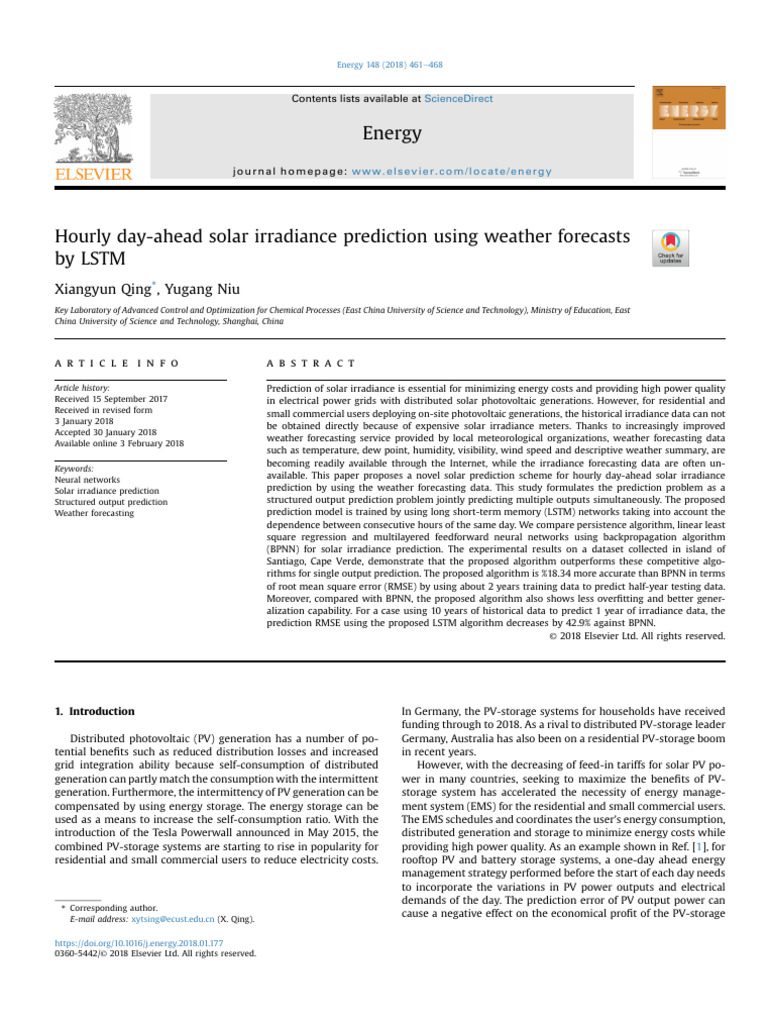 Hourly Day-Ahead Solar Irradiance Prediction Using Weather Forecasts | PDF
