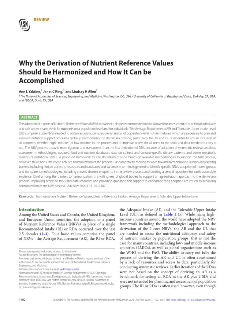 Why The Derivation of Nutrient Reference Values Should Be 2020 Advances ...