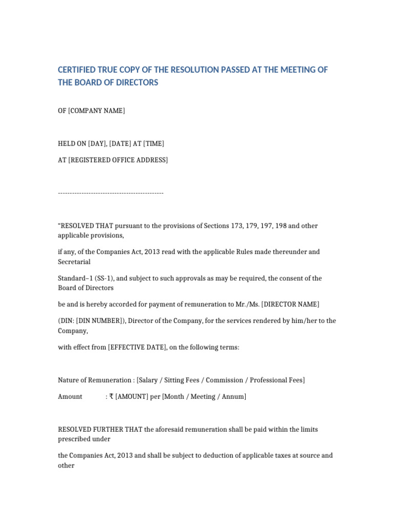 Board Resolution Legal Format Director Remuneration | PDF