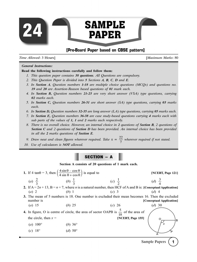 Cbse Cl10 Ead Mathematics 2026 Edition Pre-Board Paper 24 | PDF ...