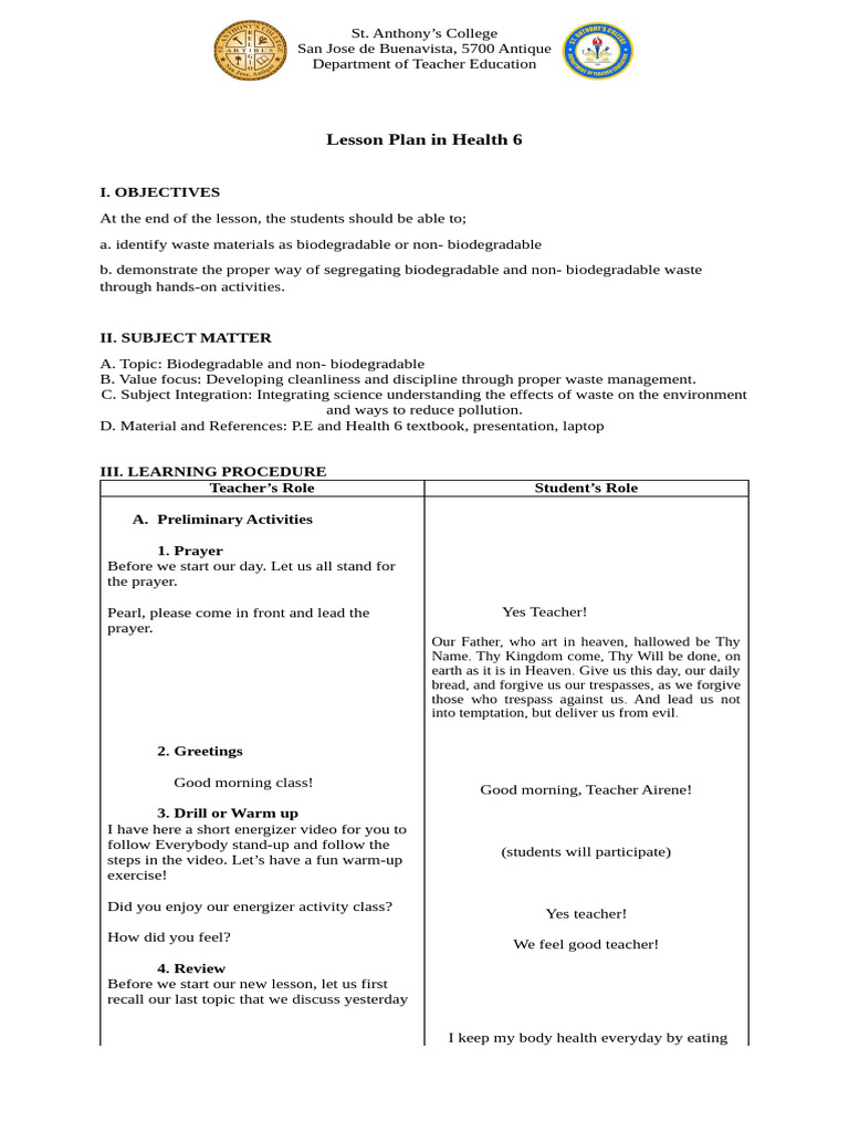 Lesson Plan in Health 6 | PDF | Lord's Prayer | Waste
