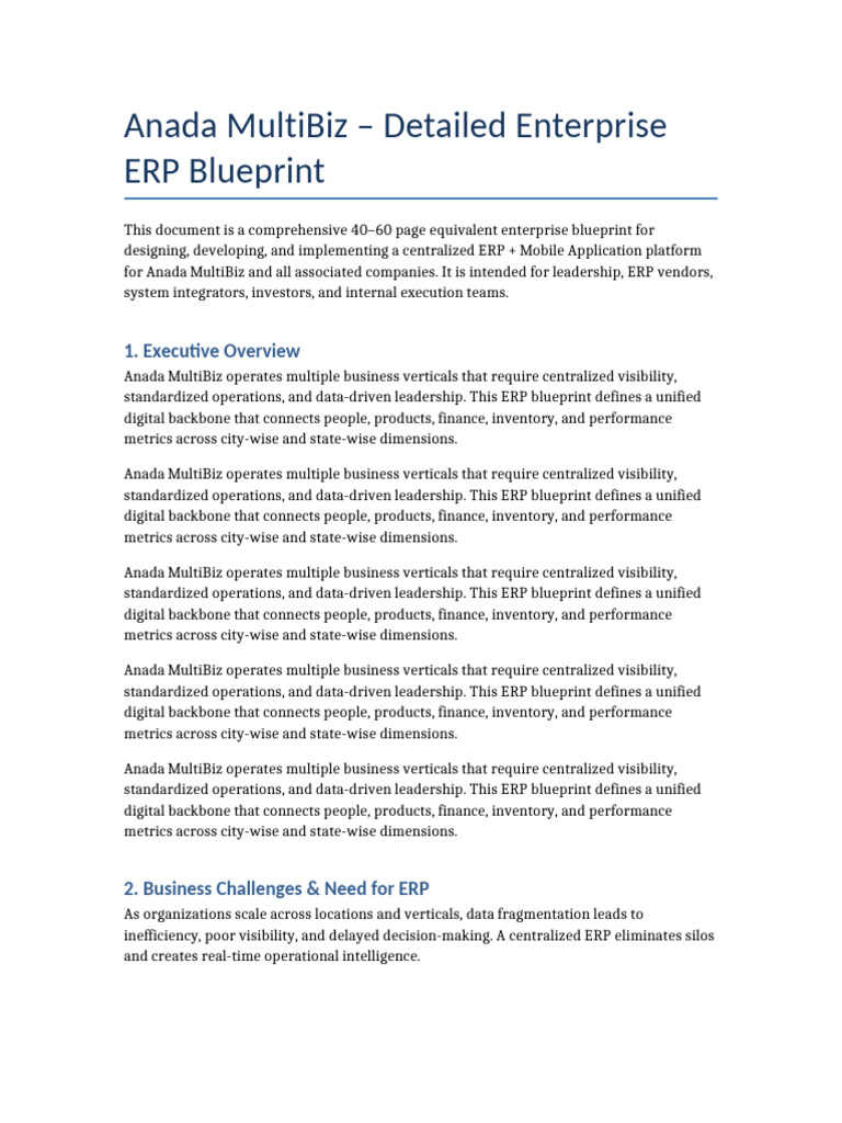 Anada MultiBiz ERP 40 60 Page Detailed Blueprint | PDF | Enterprise ...