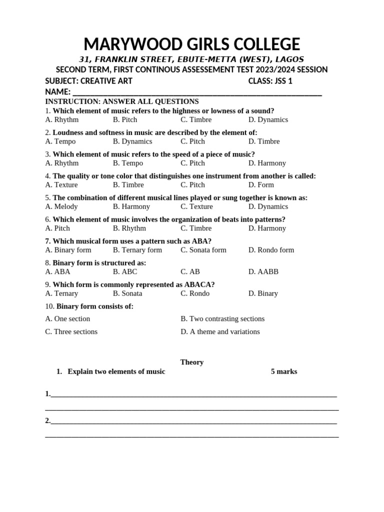 Creative Art 1st CAT Jss 1 2nd Term - 101401 | PDF