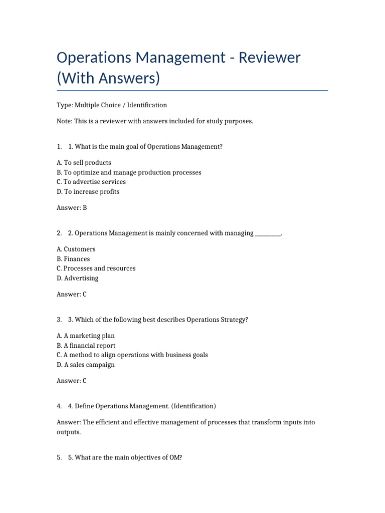 Operations Management Reviewer With Answers | PDF | Lean Manufacturing ...