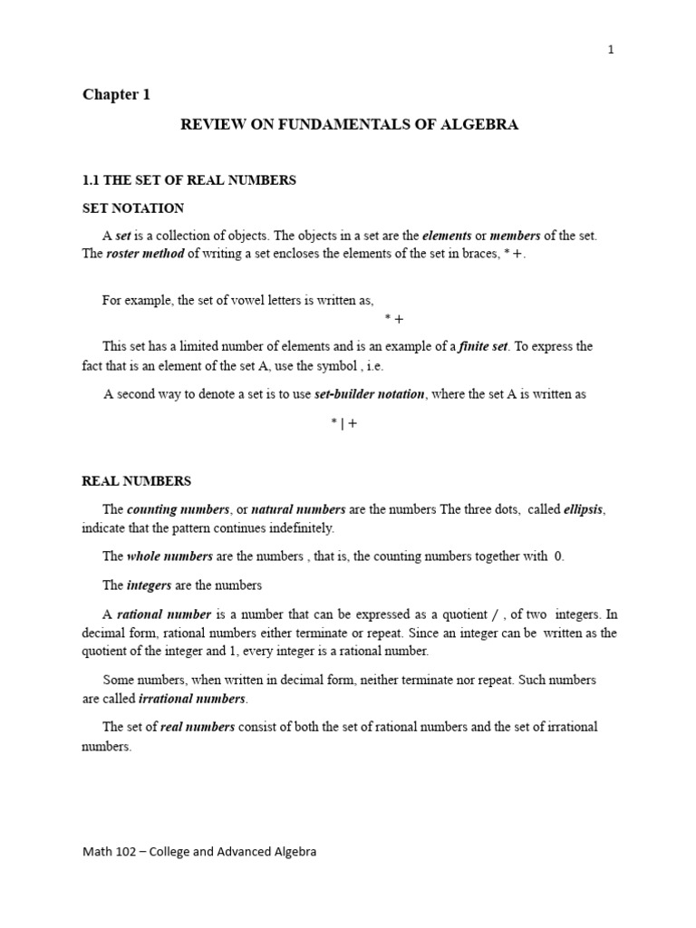 Chapter 1-Review On Fundamentals of Algebra | PDF | Factorization | Numbers
