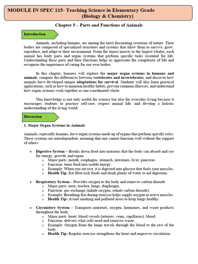 SPEC 115 Chapter 5 Parts and Functions of Animals | PDF | Human Body ...