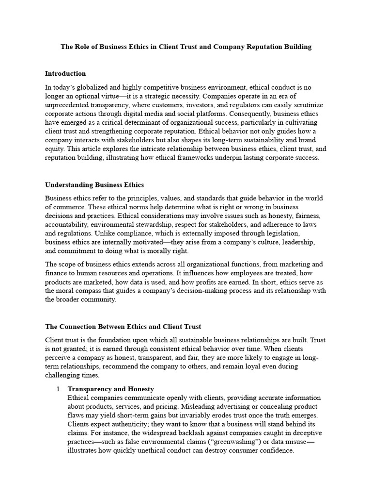 The Role of Business Ethics in Client Trust and Company Reputation ...