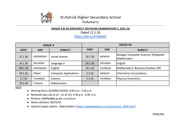 ST - Patrick School - Revision Examination 5 Datesheet, (Grade X & Xii ...