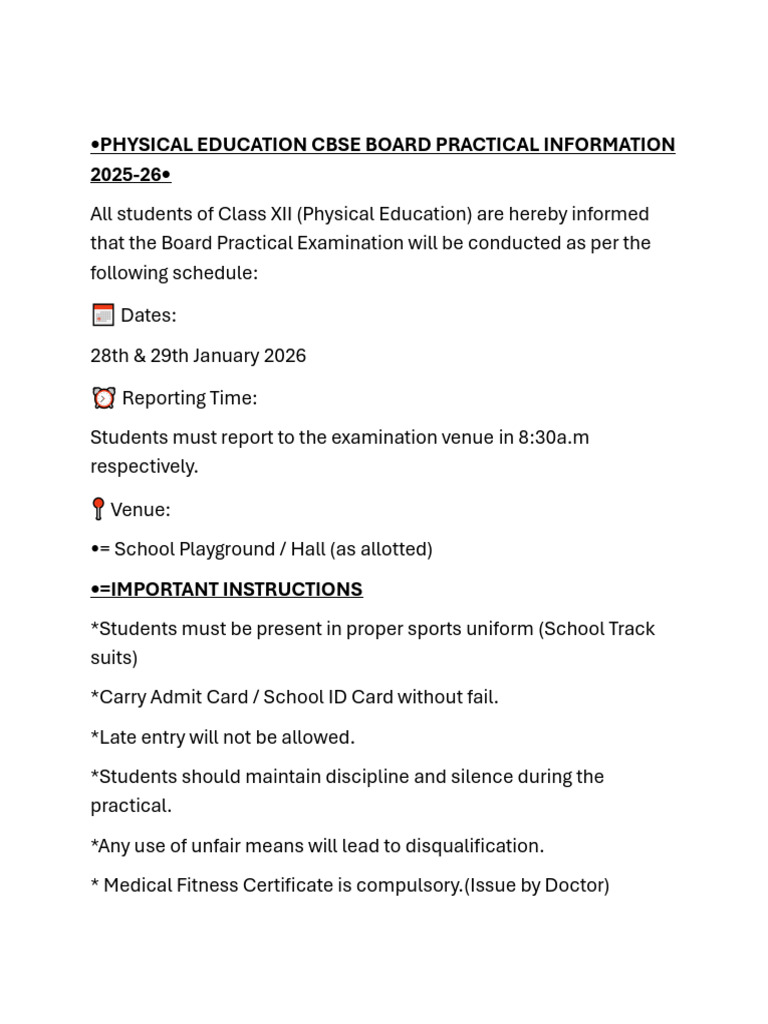 Information About Cbse Physical Education Board Practical 2025-26 | PDF