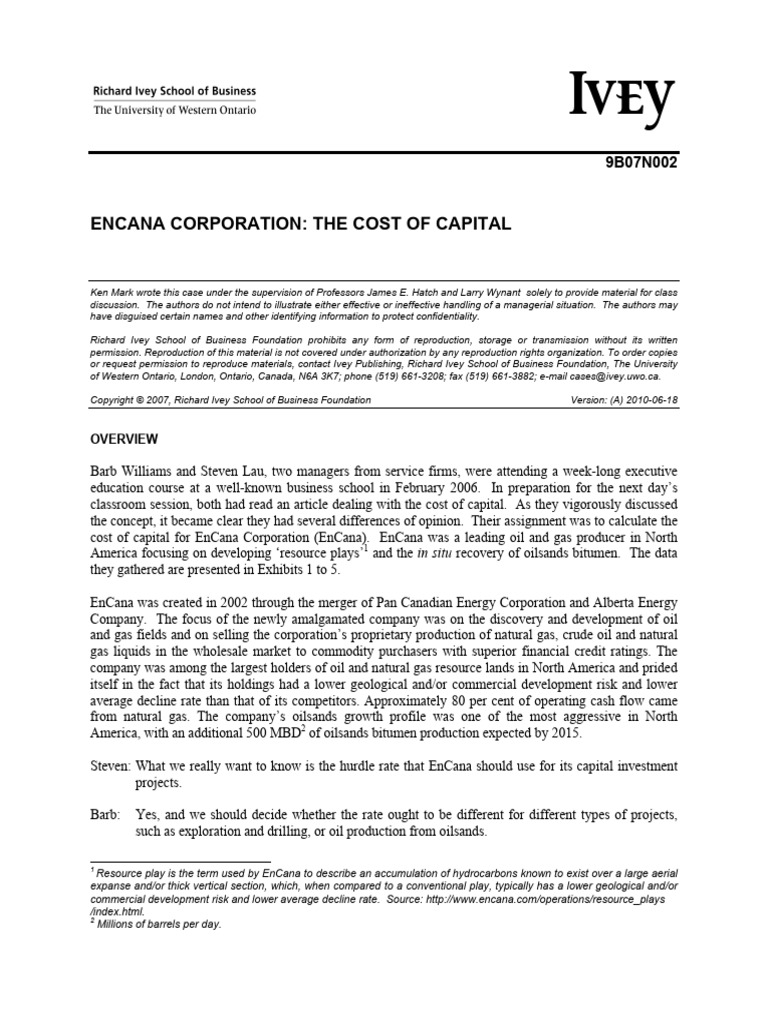 Encana Corporation - The Cost of Capital - 9B07N002 | PDF | Equity ...